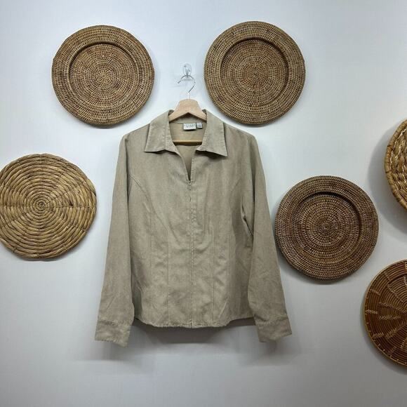 Vintage Y2K 2000s Sonoma Neutral Beige Faux Suede Zip Up Collared Top Large - Picture 1 of 6